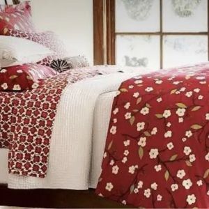 POTTERY BARN QUEEN/FULL RED CHERRY BLOSSOM DUVET COVER & 2 SHAMS JAPANESE FLORAL